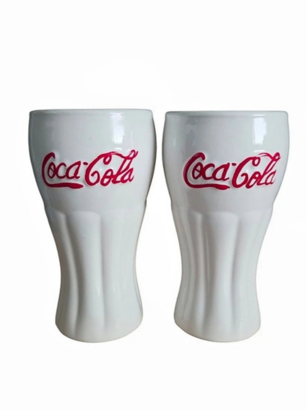 Coca-Cola White Ceramic Contour Glass Tumbler Glasses Set of 2 White Red